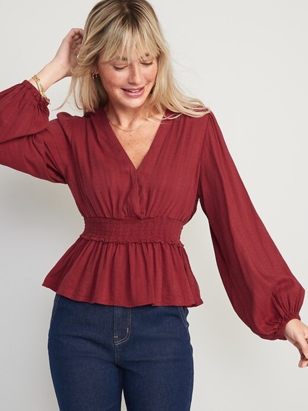 Old Navy Puff-Sleeve Wrap-Effect Smocked Blouse